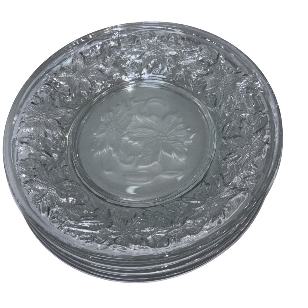 Set of‎ 6 Frosted Poinsettia Clear Glass Salad Dessert Plates Holiday Winter